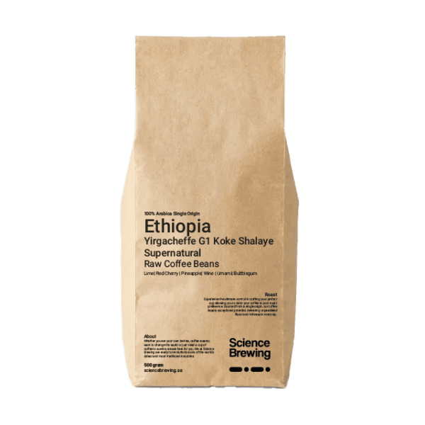 En förpackning med Ethiopia Yirgacheffe G1 Koke Shalaye Supernatural Raw Coffee Beans råa kaffebönor från Science Brewing, gjord av brunt papper.