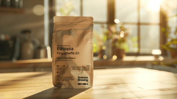 En förpackning med Ethiopia Yirgacheffe G1 Koke Shalaye Supernatural Raw Coffee Beans råa kaffebönor från Science Brewing, gjord av brunt papper.