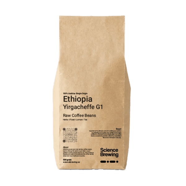 En förpackning med Ethiopia Yirgacheffe G1 Koke Shalaye Supernatural Raw Coffee Beans råa kaffebönor från Science Brewing, gjord av brunt papper.